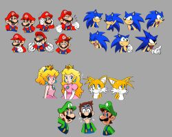 absurdres blonde_hair blue_eyes blue_fur blue_hair brown_hair crown dizzy dress facial_hair fox gloves green_eyes happy hat hedgehog highres luigi mario mario_(series) multiple_expressions mustache nintendo overalls princess_peach sad scaredangry sega shirt sonic_(series) sonic_the_hedgehog spideyj_art spiked_hair tails_(sonic) yellow_fur