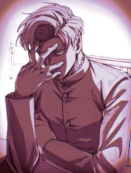 Rule 34 | 1boy, absurdres, aged up, buttons, chi.: chikyuu no undou ni tsuite, commentary request, elbow rest, grntr 260106, hands on own face, highres, jacket, male focus, rafal (chi.), short hair, sitting, solo, upper body