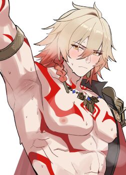 1boy abs arm_tattoo armlet armpits black_coat blonde_hair blush braid chest_tattoo coat commentary earrings english_commentary facial_tattoo gold_earrings gold_necklace gradient_hair hazozoyaku highres honkai:_star_rail honkai_(series) jewelry male_focus medium_hair multicolored_hair mydei_(honkai:_star_rail) necklace open_clothes open_coat presenting_armpit red_hair red_tattoo side_braid simple_background solo tattoo toned toned_male white_background yellow_eyes