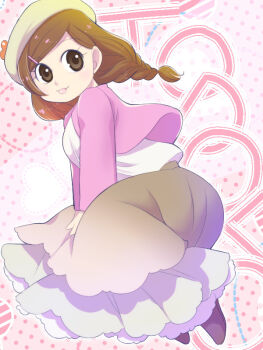 Rule 34 | 10s, 1girl, braid, breasts, brown eyes, brown hair, character name, english text, female focus, hair ornament, hairclip, hat, long hair, nene (narcisse), osomatsu-kun, osomatsu-san, osomatsu (series), skirt, solo, todoko (osomatsu-san), twin braids