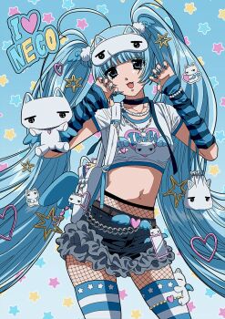 1girl 2000s_(style) :3 ahoge animal_bag animal_charm anime_coloring arm_warmers backpack bag belt belted_skirt black_pantyhose blue_background blue_eyes blue_hair blue_nails blue_ribbon blue_skirt blue_thighhighs blue_trim blue_wings blunt_bangs bracelet breasts brown_belt buckle card_holster cat cat_bag cat_charm character_charm character_name character_print charm_(object) choker claw_pose collarbone contrapposto cowboy_shot crop_top denim denim_skirt drawstring drawstring_bag fang fingernails fishnet_pantyhose fishnets frilled_skirt frills hair_ornament head_tilt heart heart-shaped_buckle heart-shaped_charm heart_hair_ornament highres huge_ahoge i-neco jewelry long_fingernails long_hair looking_at_viewer midriff miniskirt navel necklace notebook open_mouth original pantyhose pearl_bracelet pearl_necklace pom_pom_(clothes) pom_pom_hair_ornament print_shirt rain_bw_d ribbon ribbon_choker shirt short_sleeves sidelocks skirt sleep_mask small_breasts smile spiral_notebook star_(symbol) star_hair_ornament star_symbol_background sticker sticker_on_hair striped_clothes striped_thighhighs stuffed_animal stuffed_cat stuffed_toy tareme thigh_strap thighhighs thighhighs_over_pantyhose twintails two-tone_thighhighs very_long_hair wallet_chain wawa109 white_bag white_shirt white_thighhighs wing_hair_ornament winged_bag wings y2k_fashion