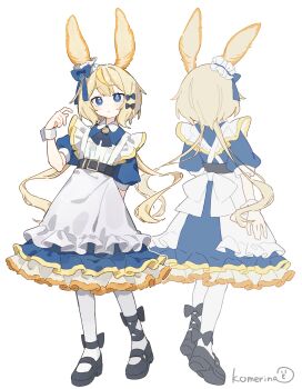 1girl :/ absurdres animal_ears apron arm_behind_back artist_name black_bow black_shoes blonde_hair blue_bow blue_dress blue_eyes bow bright_pupils closed_mouth commentary dot_nose dress expressionless footwear_bow frilled_apron frilled_dress frilled_headwear frills from_behind full_body hair_between_eyes hair_bow hand_up highres komerina light_blush long_hair looking_at_viewer low_twintails maid maid_apron mary_janes multicolored_hair multiple_hair_bows multiple_views original pantyhose personification puffy_short_sleeves puffy_sleeves sea_slug sea_slug_ears sea_slug_girl shoes short_sleeves sidelocks simple_background standing streaked_hair twintails waist_apron white_apron white_background white_pantyhose wrist_cuffs