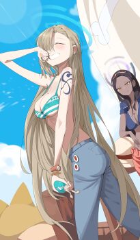 2girls absurdres arm_tattoo asuna_(blue_archive) bare_shoulders bikini black_hair blonde_hair blue_archive blue_halo blue_shirt blush breasts cleavage closed_eyes cosplay dark-skinned_female dark_skin denim earrings forehead green_bikini grin hair_over_one_eye halo hampo1219 hat highres jeans jewelry karin_(blue_archive) large_breasts long_hair mole mole_on_breast multiple_girls nami_(one_piece) nami_(one_piece)_(cosplay) nico_robin nico_robin_(cosplay) one_piece orange_skirt pants purple_halo shirt skirt smile straw_hat striped_bikini striped_clothes swimsuit tattoo thousand_sunny very_long_hair yellow_eyes