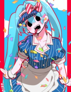 1girl apron aqua_hair black_eyes blue_dress blush bow commentary confetti dress empty_eyes hat hat_bow hatsune_miku head_tilt higaragi highres long_hair looking_at_viewer mesmerizer_(vocaloid) open_mouth puffy_short_sleeves puffy_sleeves sharp_teeth short_sleeves solo striped_bow teeth tongue tongue_out twintails visor_cap vocaloid waist_apron wrist_cuffs
