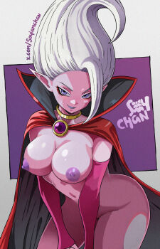 1girl absurdres artist_name black_cape breasts cape closed_mouth colored_nipples colored_skin commentary cowboy_shot detached_sleeves dr._arinsu dragon_ball dragon_ball_daima english_commentary highres large_breasts leaning_forward long_hair mixed-language_commentary naked_cape navel nipples pink_skin pink_sleeves pointy_ears purple_background purple_eyes purple_lips purple_nipples red_cape seductive_smile smile solo soy-chan twitter_username two-sided_cape two-sided_fabric two-tone_background white_background white_hair