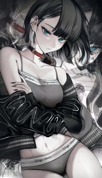 1girl absurdres black_hair black_nails blue_eyes camisole collar ear_piercing highres ichigo_choco46 jacket mole mole_under_eye mole_under_mouth multicolored_hair navel off_shoulder open_clothes open_jacket original panties piercing solo streaked_hair underwear white_hair