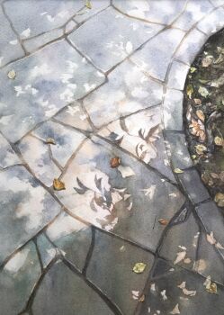 autumn autumn_leaves cobblestone day highres kazuyuki_hashimoto leaf no_humans object_focus original painting_(medium) path road still_life sunlight traditional_media