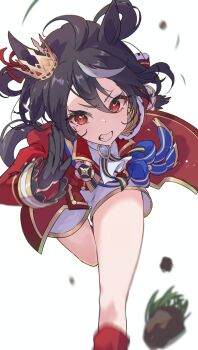 1girl absurdres animal_ears ascot black_gloves black_hair clenched_teeth commentary_request crown ear_ornament ear_through_crown gloves gold_trim hair_between_eyes highres horse_ears horse_girl horse_tail jacket kitasan_black_(final_bloom)_(umamusume) kitasan_black_(umamusume) looking_at_viewer mini_crown multicolored_hair official_alternate_costume red_eyes red_jacket running shorts simple_background solo streaked_hair tail teeth thighs two_side_up umamusume v-shaped_eyebrows white_ascot white_background white_hair white_shorts yakousei_a