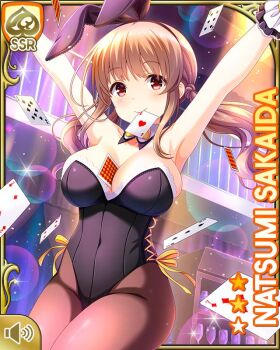 1girl animal_ears arms_up black_leotard bow bowtie breasts brown_hair brown_pantyhose card card_(medium) cleavage closed_mouth collarbone fake_animal_ears fake_tail girlfriend_(kari) gloves indoors large_breasts leotard long_hair night object_between_breasts object_in_mouth official_art pantyhose playing_card qp:flapper rabbit_ears rabbit_girl rabbit_tail red_eyes ribbon sakaida_natsumi smile solo standing tagme tail white_gloves yellow_bow yellow_ribbon