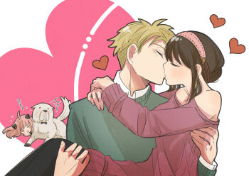 ^^^ ahoge alex_(sandora) anya_(spy_x_family) black_pantyhose blonde_hair blush bond_(spy_x_family) carrying closed_eyes collarbone commentary_request couple dress earrings gold_earrings green_sweater hairband hairpods heart heart_background hetero highres husband_and_wife jewelry kiss off-shoulder_sweater off_shoulder pantyhose pink_hair pink_hairband princess_carry profile red_sweater short_hair short_hair_with_long_locks sleeping spy_x_family sweater sweater_dress twilight_(spy_x_family) upper_body very_short_hair yor_briar zzz