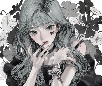 1girl black_choker black_dress black_flower bracelet choker dress ear_piercing finger_to_mouth fingernails flower green_eyes green_hair hand_on_own_face highres jewelry kirochy long_fingernails long_hair looking_at_viewer original piercing ring silver_nails simple_background sticker sticker_on_face white_background white_flower