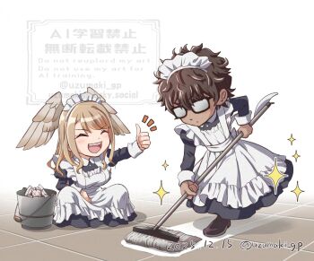 Rule 34 | 1boy, 1girl, :d, alternate costume, apron, artist name, black-framed eyewear, broom, brown hair, cleaning, commentary, crossdressing, crossdressing (mtf), dated, deformed, enmaided, eunie (xenoblade), glasses, head wings, long hair, maid, maid apron, maid headdress, open mouth, sitting, smile, sparkle, untranslatable commentary, taion (xenoblade), teeth, thumbs up, twitter username, upper teeth only, uzumaki (skydirt), watermark, white background, wings, xenoblade chronicles (series), xenoblade chronicles 3