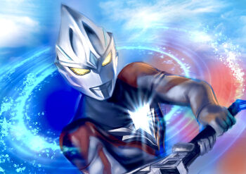 Rule 34 | 1boy, absurdres, alien, arc eye sword, black skin, blue background, blue gem, color timer, colored skin, commentary, commentary typo, dorsal fin, forehead jewel, gem, giant, giant male, glint, glowing, glowing eyes, highres, holding, holding sword, holding weapon, light particles, looking ahead, male focus, multicolored skin, no pupils, pectorals, red skin, silver skin, solo, sword, thomas chan, tokusatsu, toned, toned male, ultra series, ultraman arc, ultraman arc (series), upper body, weapon, whirlwind, wrinkled skin, yellow eyes