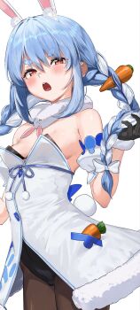 Rule 34 | 1girl, akasaai, animal ears, black gloves, black leotard, black pantyhose, blue hair, breasts, cleavage, coat, coat dress, commentary request, detached sleeves, dress, extra ears, fur-trimmed coat, fur-trimmed gloves, fur scarf, fur trim, gloves, highres, hikimayu, holding, holding own hair, hololive, leotard, leotard under clothes, long hair, multicolored hair, open mouth, orange eyes, pantyhose, playboy bunny, puffy detached sleeves, puffy short sleeves, puffy sleeves, rabbit, rabbit-shaped pupils, rabbit ears, rabbit girl, rabbit tail, scarf, short eyebrows, short sleeves, simple background, small breasts, solo, strapless, strapless leotard, symbol-shaped pupils, tail, teeth, thick eyebrows, two-tone hair, upper teeth only, usada pekora, usada pekora (1st costume), virtual youtuber, white background, white coat, white hair, white scarf, white sleeves