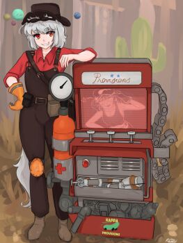 1girl :d animal_ears brown_footwear brown_headwear cosplay crossover dispenser_(tf2) engineer_(tf2) full_body gloves grin highres inubashiri_momiji kawashiro_nitori knee_pads open_mouth orange_gloves overalls planet ramnik5 red_engineer_(tf2) red_eyes short_hair single_glove sleeves_rolled_up smile solo standing syringe tail team_fortress_2 teeth the_engineer the_engineer_(cosplay) touhou unusual_effect white_hair wolf_ears wolf_girl wolf_tail