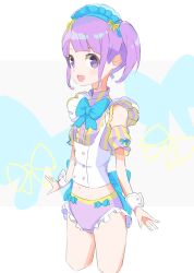 Rule 34 | 1girl, :d, bad id, bad twitter id, blue bow, blunt bangs, bow, cowboy shot, cropped legs, detached sleeves, highres, looking at viewer, maid headdress, manaka non, manaka non (normal), midriff, open mouth, panties, pretty series, pripara, purple eyes, purple hair, purple panties, purple shirt, shirt, short hair, side ponytail, sidelocks, smile, solo, standing, tulaca (pixiv), underwear, wrist cuffs