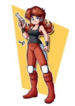 Rule 34 | 1girl, artist name, bare shoulders, blue eyes, breasts, brown hair, cleavage, cosplay, earrings, flower earrings, full body, gun, headband, highres, jewelry, knee pads, long hair, looking at viewer, mario (series), meryl silverburgh, meryl silverburgh (cosplay), metal gear (series), metal gear solid, nintendo, princess daisy, rotze, shiny skin, weapon