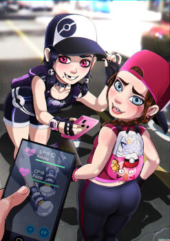 2girls alolan_form alolan_meowth ass backpack bag baseball_cap black_hair blue_eyes blush braces braid breasts brown_hair cellphone cleavage collar female_protagonist_(pokemon_go) fingerless_gloves gen_1_pokemon gen_7_pokemon gloves hat highres huge_ass legs lips loli long_hair looking_at_viewer looking_back meowth missing_tooth multiple_girls nail_polish nintendo pants phone pink_eyes pokemon pokemon_(creature) pokemon_go psyduck shadman smartphone smile spiked_collar spikes teeth thick_thighs thighs third-party_edit tongue tongue_out yoga_pants