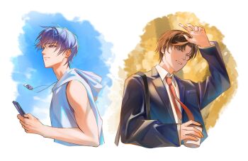 Rule 34 | 2boys, arm up, artem wing (tears of themis), bare arms, bare shoulders, black jacket, blue eyes, brown hair, cellphone, closed mouth, collared shirt, commentary request, cup, disposable coffee cup, disposable cup, highres, holding, holding cup, holding phone, hood, hood down, hoodie, jacket, jingyu9z, long sleeves, male focus, marius von hagen (tears of themis), multiple boys, necktie, open clothes, open jacket, phone, pink eyes, purple hair, red necktie, shirt, sleeveless, sleeveless hoodie, smile, tears of themis, white hoodie, white shirt