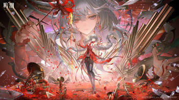 1girl arm_up bandage_over_one_eye bandaged_arm bandages bare_shoulders black_pantyhose black_skirt blood bloody_tears braid breasts character_name chinese_text closed_mouth copyright_notice detached_sleeves dress earrings fingernails floating_hair flower glass_shard grey_eyes grey_hair hand_up heterochromia highres holding holding_flower instrument jewelry logo long_hair low_twin_braids medium_breasts official_art pantyhose parted_lips phrolova_(wuthering_waves) red_dress red_eyes red_flower red_petals single_detached_sleeve skirt smile spider_lily tacet_mark_(wuthering_waves) translation_request twin_braids very_long_hair wuthering_waves