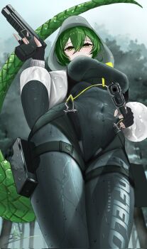 1girl arknights arknights:_endfield bodysuit breasts commentary covered_navel dual_wielding english_commentary fluorite_(arknights) forest from_below green_hair green_tail grey_bodysuit gun handgun highres holding holding_gun holding_weapon holster hood hood_up hooded_shrug medium_breasts nature pakaono shrug_(clothing) snake_girl snake_tail solo tail thigh_holster tree weapon white_shrug