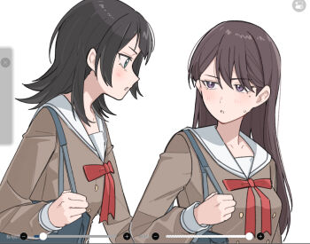 Rule 34 | 2girls, art program in frame, bag, bang dream!, bang dream! it's mygo!!!!!, black hair, blue bag, blue eyes, commentary request, hanasakigawa school uniform, long hair, long sleeves, medium hair, mole, mole under eye, multiple girls, nanami (nunnun 0410), open mouth, purple eyes, sailor collar, school uniform, shiina taki, shoulder bag, white sailor collar, yahata umiri