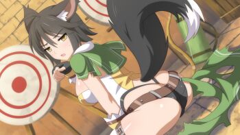 1girl animal_ears arrow_(projectile) black_hair bow cape exhausted fingerless_gloves fox_archer_(sakura_dungeon) fox_ears fox_tail game_cg gloves looking_at_viewer official_art sakura_dungeon shooting_range sitting sweatdrop tail torn_clothes wanaca yellow_eyes