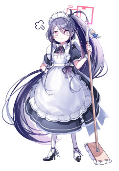 Rule 34 | 1girl, apron, black hair, black shoes, blue archive, blush, chosunbe, closed mouth, commentary request, frilled apron, frills, full body, hair between eyes, halo, high heels, highres, holding, holding mop, kei (blue archive), long hair, looking at viewer, maid, maid apron, maid headdress, mop, neck ribbon, pink eyes, pink halo, pink ribbon, ponytail, puff of air, puffy short sleeves, puffy sleeves, rectangular halo, ribbon, shoes, short sleeves, simple background, standing, very long hair, white apron, white background, white wrist cuffs, wrist cuffs