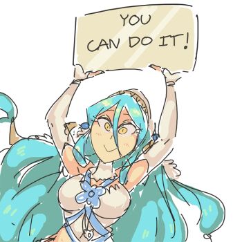 arms_up bad_tag blue_hair blush davewaterfalls fire_emblem fire_emblem_fates headdress nintendo sign simple_background yellow_eyes