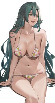 1girl alternate_costume aqua_hair bare_legs bare_shoulders bikini braid breasts chloe_(fire_emblem) cleavage earrings fire_emblem fire_emblem_engage floral_print green_eyes halterneck highres j@ck jewelry large_breasts long_hair micro_bikini navel nintendo side-tie_bikini_bottom simple_background sitting smile solo string_bikini swimsuit teardrop_earring teardrop_earrings thighs variant_set very_long_hair white_background white_bikini