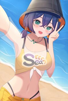 1girl absurdres beach belle_(summer_skies)_(zenless_zone_zero) belle_(zenless_zone_zero) bikini blue_hair blush breasts bucket_hat cleavage collarbone commentary_request crop_top day green_eyes hair_ornament hat highres large_breasts letter_hair_ornament lilack_gg looking_at_viewer navel ocean official_alternate_costume open_mouth orange_bikini orange_shorts outdoors sand see-through_clothes see-through_shirt shirt short_hair shorts smile swimsuit tied_shirt v water white_shirt zenless_zone_zero