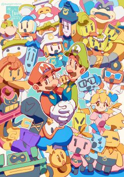 Rule 34 | 6+boys, 6+girls, anniversary, billdit (mario), blonde hair, blue-tinted eyewear, blue skin, bowser jr., buddy (mario), burnadette (mario), chilliam (mario), colored skin, connie (mario), cozette (mario), dorrie, dulles (mario), dyode (mario), ecks (mario), ellow (mario), emmit (mario), facial hair, glasses, gloves, gorumbla, great conductor (mario), green hat, hat, highres, holding, holding hands, holding watering can, ireen (mario), junior clown car, loog (mario), luigi, mario, mario &amp; luigi: brothership, mario &amp; luigi rpg, mario (series), maykit (mario), monyorun, mother and daughter, mother and son, multiple boys, multiple girls, mustache, nintendo, open mouth, orange skin, princess peach, red hat, red scarf, scar, scar on face, scarf, shun (mario), snoutlet (mario), star (symbol), starlow, sunglasses, ten (mario), tinted eyewear, watering can, white gloves, willma