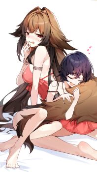 2girls absurdres alternate_costume armlet barefoot belle_(zenless_zone_zero) blue_hair blush bracelet breasts brown_hair closed_eyes commentary_request cuddling droopy_ears goomrrat gradient_hair highres hugging_another's_tail hugging_tail jewelry long_hair medium_breasts multicolored_hair multiple_girls red_eyes short_hair sleeveless spaghetti_strap tail very_long_hair ye_shunguang yuri zenless_zone_zero