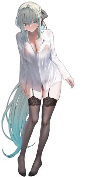 1girl absurdres black_bow black_bra black_panties black_thighhighs blue_eyes blush bow bra braid breasts cleavage commentary_request fate/grand_order fate_(series) full_body garter_straps grey_hair hair_bow highres large_breasts long_hair long_sleeves looking_at_viewer mishiro_(ixtlolton) morgan_le_fay_(fate) panties ponytail shirt sidelocks solo thighhighs underwear very_long_hair white_shirt