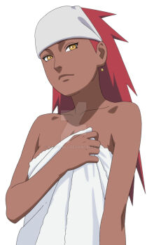 Rule 34 | 1girl, bandana, breasts, collarbone, commentary, dark-skinned female, dark skin, earrings, english commentary, highres, holding, holding towel, jewelry, karui (naruto), kiripetals, long hair, looking at viewer, naked towel, naruto (series), naruto shippuuden, red hair, simple background, small breasts, solo, spiked hair, towel, water, white background, yellow eyes