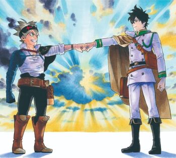 2boys asta_(black_clover) black_boots black_clover black_hair black_headband black_pants boots brown_boots green_eyes grey_hair grin headband jacket multiple_boys official_art pants shirt short_hair smile tabata_yuuki white_jacket white_pants white_shirt yuno_(black_clover)