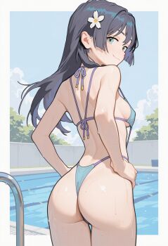 1girl artist_request ass bikini black_hair breasts covered_erect_nipples flower green_eyes hair_flower hair_ornament hands_on_own_hips highres huge_ass legs long_hair looking_at_viewer looking_back medium_breasts multicolored_hair pool saten_ruiko seductive_gaze seductive_smile sideboob slingshot_swimsuit smile swimsuit thighs thong_bikini toaru_kagaku_no_railgun toaru_majutsu_no_index two-tone_hair water wet