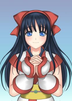 1girl ainu_clothes blue_eyes blue_hair breasts fingerless_gloves gloves hair_ribbon long_hair looking_at_viewer medium_breasts nakoruru own_hands_clasped ribbon samurai_spirits smile snk solo the_king_of_fighters the_king_of_fighters_xv