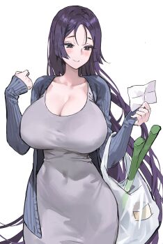 1girl absurdres alternate_costume bag blue_coat blush breasts cleavage closed_mouth coat collarbone commentary covered_navel dress fate/grand_order fate_(series) highres huge_breasts korean_commentary long_hair looking_at_object mature_female minamoto_no_raikou_(fate) mokana_moka purple_eyes purple_hair shopping_bag smile solo spring_onion very_long_hair white_dress