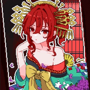 1girl 204_naasu alternate_costume alternate_hairstyle aqua_kimono blush collarbone flower hair_between_eyes hair_ornament hair_stick highres indoors japanese_clothes kasane_teto kimono lips long_bangs looking_at_viewer obi petals pixel_art purple_flower purple_penis red_eyes red_hair sash shouji sliding_doors solo utau yoshiwara_lament_(utau)