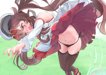 1girl absurdres black_panties boo_tao_(genshin_impact) brown_hair brown_thighhighs chinese_clothes clothes_lift commentary_request eyewear_on_head flower-shaped_pupils genshin_impact hair_between_eyes hat highres hooriyuu hu_tao_(cherries_snow-laden)_(genshin_impact) hu_tao_(genshin_impact) long_hair long_sleeves navel official_alternate_costume panties red-tinted_eyewear red_eyes round_eyewear side-tie_panties skirt skirt_lift solo symbol-shaped_pupils thighhighs tinted_eyewear underwear white_hat wind wind_lift yellow-framed_eyewear