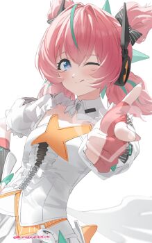 1girl blue_eyes blush breasts center_frills closed_mouth cryne detached_collar dress finger_gun fingerless_gloves fingernails frilled_sleeves frills gloves green_hair green_streaks hand_on_own_hip highres looking_at_viewer multicolored_hair one_eye_closed pink_gloves pink_hair pink_nails short_twintails simple_background small_breasts solo sparkling_eyes streaked_hair tongue tongue_out twintails twitter_username upper_body white_background white_dress white_wings wings yutane_johiel zenless_zone_zero