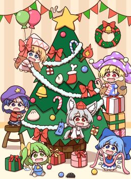 6+girls american_flag american_flag_dress american_flag_print animal_ear_fluff animal_ears ascot balloon bell blonde_hair blue_bow blue_dress blue_eyes blue_hair blush_stickers bow box candy candy_cane capelet chibi chibi_only christmas_ornaments christmas_wreath cirno clownpiece commentary_request daiyousei decorating_christmas_tree detached_sleeves detached_wings dress egg fairy fairy_wings flag_print food gift gift_box green_hair grey_hair hair_bow hat hat_bow hat_ornament highres ice ice_wings inubashiri_momiji jester_cap jiangshi lily_white long_hair miyako_yoshika multiple_girls ofuda open_mouth outstretched_arms pinafore_dress pink_capelet pink_dress pink_hat polka_dot polka_dot_headwear purple_hat red_bow red_eyes red_hat red_shirt shirt shitacemayo sitting sleeveless sleeveless_dress smile star_(symbol) star_hat_ornament star_print steamed_bun stool striped_clothes striped_dress tail tanzaku tokin_hat torch touhou translation_request very_long_hair wings wolf_ears wolf_girl wolf_tail wreath yellow_ascot yellow_bow zombie_pose