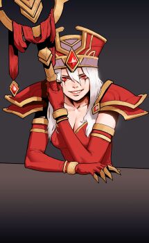 1girl absurdres armor breasts claw_(weapon) cleavage elbow_gloves gem gloves gogalking gradient_background grey_background hair_between_eyes hat highres holding holding_staff large_breasts long_hair looking_at_viewer pauldrons red_eyes red_gloves sally_whitemane shoulder_armor smile solo staff warcraft weapon white_hair world_of_warcraft