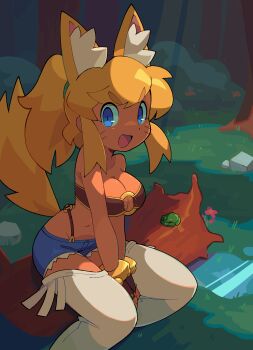 1girl absurdres animal_ear_fluff animal_ears bacun bandeau belt_bra blonde_hair blue_eyes breasts brown_bandeau cleavage commentary dappled_sunlight dark-skinned_female dark_skin denim denim_shorts english_commentary extra_ears facial_mark fang fingerless_gloves flower frog gloves grass highres large_breasts liru log looking_at_viewer medium_breasts o-ring o-ring_top open_mouth outdoors puddle renkin_san-kyuu_magical_pokaan shorts sitting_on_log smile solo sunlight tail thighhighs tree water whisker_markings wolf_ears wolf_girl wolf_tail