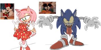 absurdres amy_rose animaten_saine bikini bikini_bottom bikini_top black_fur black_hair blue_fur blue_hair boots child claws clothes_shop disney dress eyelashes fangs gloves green_eyes hedgehog highres medium_hair mickey_mouse mickey_mouse_&amp;_friends minnie_mouse monster mouse petite pink_fur pink_hair pointy_ears polka_dot polka_dot_swimsuit red_dress red_eyes red_skirt round_ears runaway_brain saliva sega shoes shorts skirt smile socks sonic_(series) sonic_the_hedgehog spiked_hair swimsuit swimsuit_skirt tail tongue tongue_out transformation
