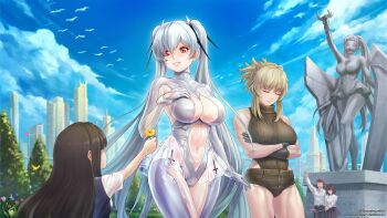 1boy 4girls absurdres alternate_costume alternate_universe anarchyart arm_up arm_warmers armpit_cutout bare_shoulders black_gloves black_leotard black_pants black_shorts black_skirt blonde_hair blue_shirt blue_sky bodysuit breasts brown_hair child cinderella_(nikke) cityscape cleavage cleavage_cutout closed_eyes closed_mouth clothing_cutout cloud commentary_request covered_collarbone crossed_arms day exposed_pocket fanbox_username flower gloves goddess_of_victory:_nikke grave_(nikke) hair_between_eyes heattech_leotard highres holding holding_flower large_breasts leg_cutout leotard long_hair long_sleeves looking_at_another micro_shorts multiple_girls muscular muscular_female navel outdoors pants park parted_lips ponytail red_eyes see-through_bodysuit see-through_clothes see-through_skirt selfie_stick shirt short_ponytail short_sleeves shorts sidelocks single_arm_warmer skirt sky sleeveless sleeveless_turtleneck smile standing statue stomach_cutout turtleneck twintails twitter_username very_long_hair white_bodysuit white_gloves white_hair white_shirt white_sleeves