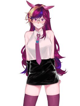 1girl aegyo_sal animal_ears arms_behind_back artist_self-insert bare_shoulders black-framed_eyewear black_gloves black_skirt blonde_hair breasts cadence_sniffa closed_mouth collared_shirt commentary contrapposto cowboy_shot eyebrows_hidden_by_hair fake_animal_ears glasses gloves heart heart_print highres horse_ears large_breasts latex latex_gloves latex_skirt long_hair looking_at_viewer miniskirt multicolored_hair my_little_pony my_little_pony:_friendship_is_magic necktie original pencil_skirt pink_eyes pink_hair pink_necktie pink_thighhighs princess_cadance purple_hair raised_inner_eyebrows semi-rimless_eyewear shirt shirt_tucked_in simple_background skindentation skirt sleeveless sleeveless_shirt smile solo standing straight-on streaked_hair symbol-only_commentary thighhighs very_long_hair white_background white_shirt zettai_ryouiki