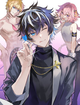 3boys :d ;q astolfo_(fate) astolfo_(three_in_the_black)_(fate) black_hair black_pants black_shirt blonde_hair blue_eyes braid charlemagne_(fate) charlemagne_(three_in_the_black)_(fate) covering_privates dart dartboard detached_collar fang fate/grand_order fate_(series) feet_out_of_frame glint gradient_background grey_jacket hair_between_eyes hair_intakes hair_ornament hand_on_own_chin head_tilt highres holding_dart jacket lapels light_particles long_hair looking_at_viewer male_focus multicolored_hair multiple_boys necktie nude nude_cover one_eye_closed open_mouth pants pink_background pink_hair pink_necktie poppoman purple_eyes roland_(fate) roland_(three_in_the_black)_(fate) shawl_lapels shirt short_hair single_braid skin_fang sleeveless sleeveless_turtleneck sleeveless_turtleneck_crop_top smile streaked_hair tongue tongue_out trap turtleneck turtleneck_crop_top upper_body v white_background white_hair white_shirt wrist_cuffs