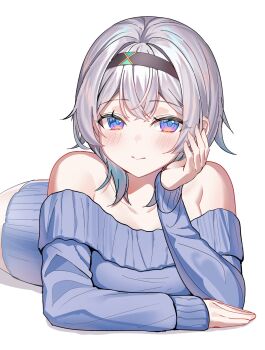 Rule 34 | 1girl, absurdres, blue sweater, blush, closed mouth, devl ga aru, firefly (honkai: star rail), gradient eyes, gradient hair, green pupils, grey hair, hair between eyes, hair intakes, highres, honkai: star rail, honkai (series), long hair, lying, medium hair, multicolored eyes, multicolored hair, off-shoulder sweater, off shoulder, on stomach, simple background, solo, sweater, white background